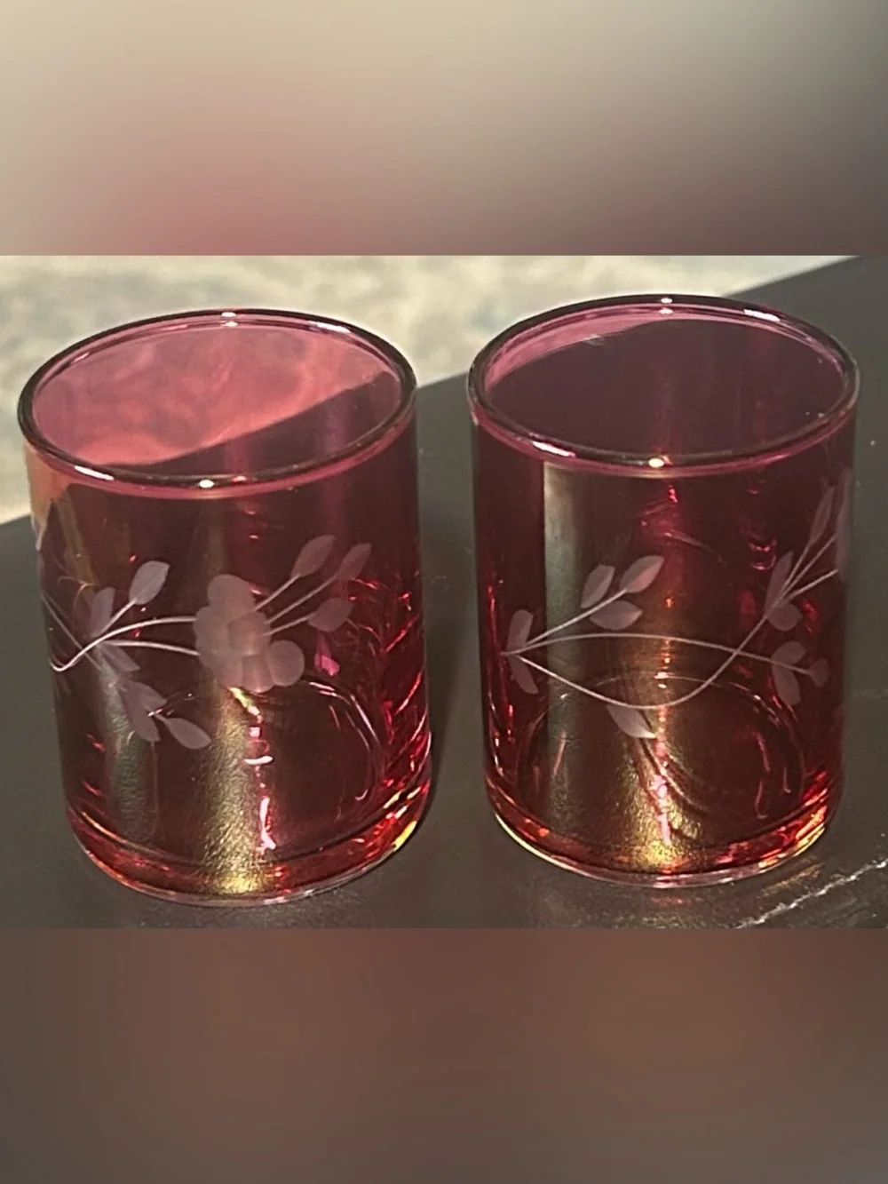 Cranberry Etched Glass Votive Holders - Brand Unspecified 2.5”X2”